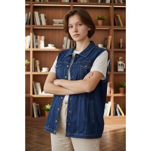 CLASSIC DENIM VEST, LONGER LENGTH W/SNAP FRONT AND POCKETS - SLEEVELESS